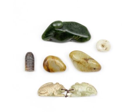 A GROUP OF FIVE JADES AND ONE SASANIAN-STYLE AGATE SEALComprising: a green and mottled cream jade double seal in the form of 