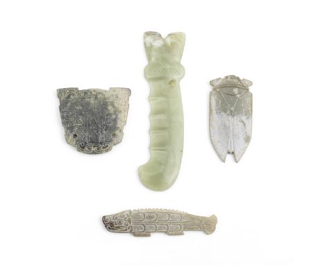 FOUR ARCHAISTIC JADE CARVINGSComprising: a green jade blade; a Han-style pale green jade cicada with traces of calcification;