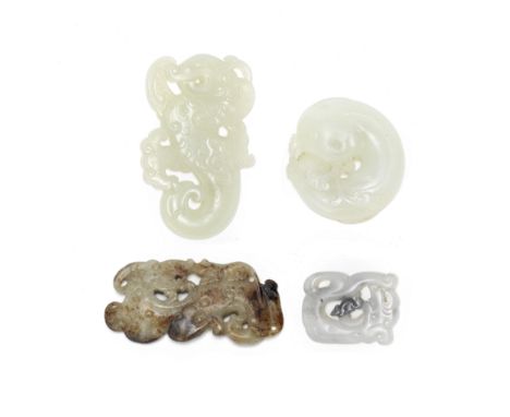 A GROUP OF FOUR JADE PLAQUESLate Qing DynastyComprising: a white and grey jade group with a bixie and mouse; a white jade 'fi