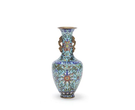 A CLOISONNÉ-ENAMEL BALUSTER VASE18th centuryThe slender neck flanked by a pair of gilt metal lingzhi spray handles, the body 