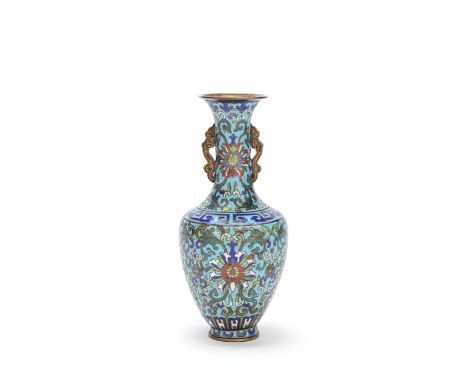 A CLOISONNÉ-ENAMEL BALUSTER VASE18th centuryThe slender neck flanked by a pair of gilt metal lingzhi spray handles, the body 