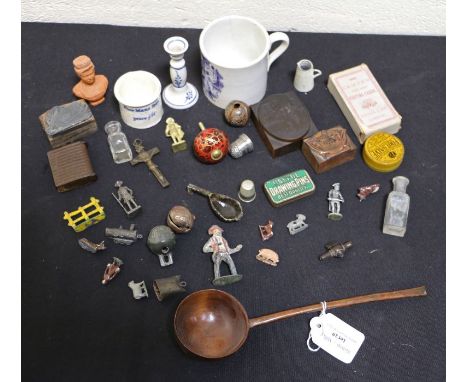 Collection of works of art to include three seals, a treen ladle, miniature toy figures etc (Qty)