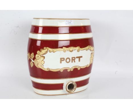 Large early 20th century ceramic pun barrel "Port", with maroon bands on a white ground, 27cm wide, 32cm high