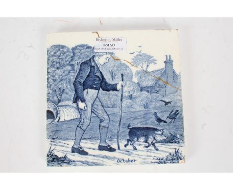 Josiah Wedgwood &amp; Sons tile, depicting a scene of boy and a piglet with October to the bottom AF 15cm high and wide&nbsp;