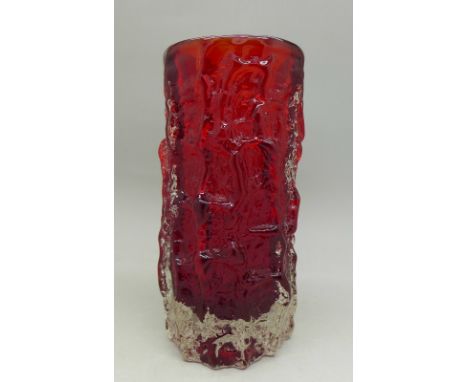 A 1960's Whitefriars bark cased vase in ruby red by Geoffrey Baxter, catalogue no. 9689, height 15cm