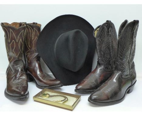 Two pairs of cowboy boots, size 9, one pair unworn, a Dunne & Co. cowboy hat and a bolo tie, boxed