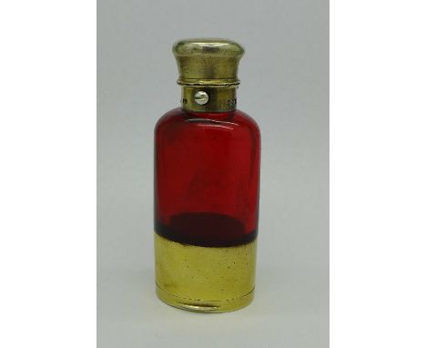 A Victorian silver mounted Sampson Mordan ruby glass scent bottle, with box to the base, London 1865, lacking stopper