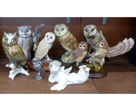 Seven owl figures including Nao, Babbacombe, Country Artists and a Lladro figure of an angel