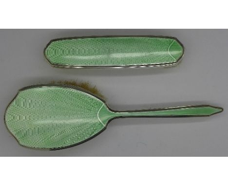 Two silver and guilloche enamel backed brushes