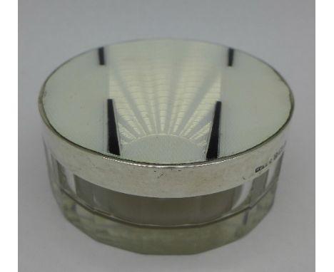 A silver topped Art Deco guilloche enamel glass pot, Birmingham 1935