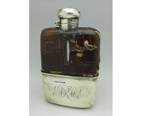 A silver and crocodile skin hip flask, Chester 1899 and 1901, a/f