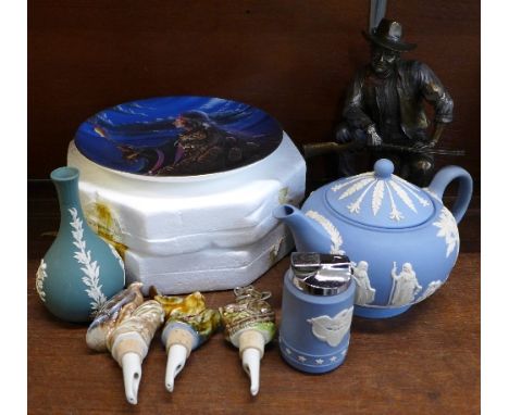 A resin figure of John Wayne, three plates, two Native American and Lady Diana, a Wedgwood Jasperware teapot, vase and lighte