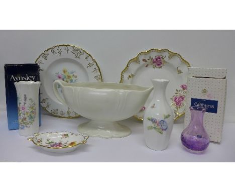 A Beswick bowl, two Royal Crown Derby plates including Royal Pinxton Roses, two Aynsley vases and a Caithness vase, boxed