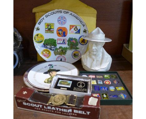 Scouting items including a bust of Lord Baden-Powell, plates, scout belt, a scouting flag with letter from American Scouting 