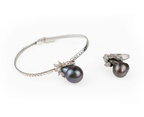 Damenring und Armband mit Zuchtperle750 Weißgold, punziert, Ring besetzt mit 4 Brillanten und 4 Diamanten im Navetteschliff, 