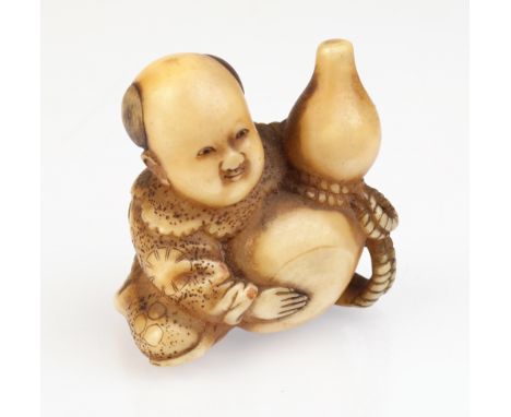 A good mid-nineteenth century Japanese ivory netsuke in the form of a seated boy holding a gourd flask, signed 'Shorinsai', 3