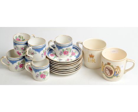 A set of six booths coffee cans and eight saucers together with two commemorative mugs. 