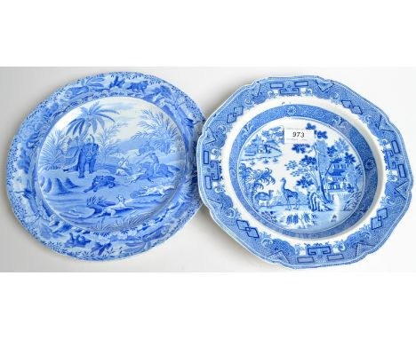 A Spode blue and white earthenware plate with hunting scene and another blue and white dish with prints of exotic animals. 
