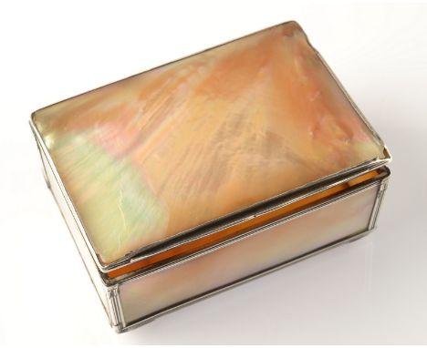 An early 19th century mother of pearl and silver snuff box, width 7cm.  Condition Report: width 70 mm, height 25 mm, depth 50