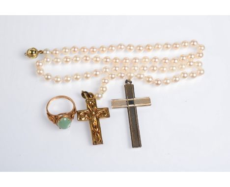 A Chinese 14ct. gold rind set jade, a silver cross and a modern gilt cross AND NOT with a pearl necklace.