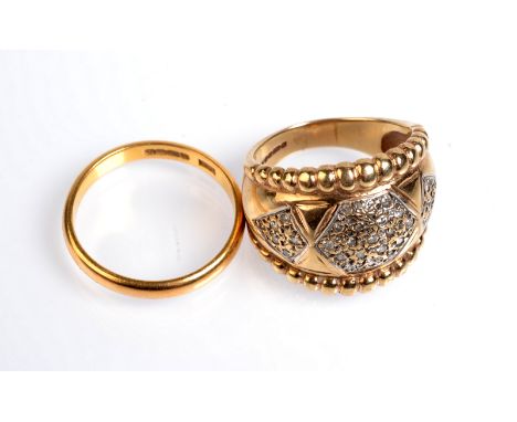 A 22ct. gold band, 3.8g. and a 9ct. gold ring set with diamonds. 