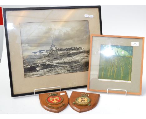 A signed print by Bob Devereaux, together with a photograph of an aircraft carrier, together with a Royal Air Force wooden pl