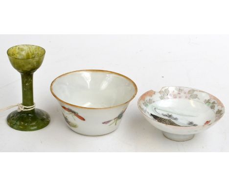 A jade cup with tall pedestal together with a Chinese porcelain small bowl, and one other piece.