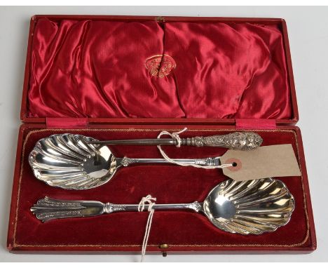A pair of cased serving spoons and a button hook.