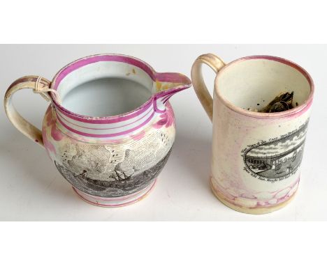 A Sunderland lustre jug, marked Dixon and Co, Sunderland Pottery. Decorated with a black print of a lifeboat rescue, with a v