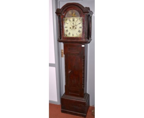 An early Victorian, eight day pine longcase clock, the arched dial painted with architectural spandrels, height 188cm. 