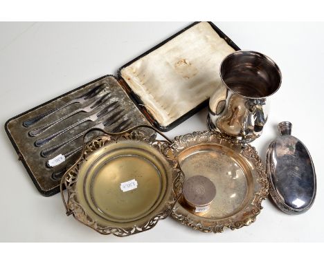 An oval flask with a vine cast border, a tankard, a cased set of dessert forks etc.