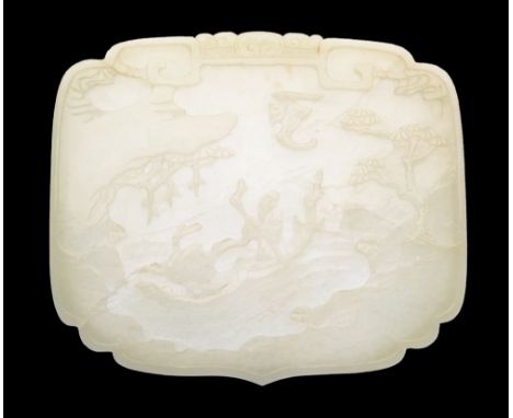 THE LESLIE DAVIE COLLECTION OF JADE

A white jade box lid or ruyi plaque carved with an immortal on a tree trunk boat, a bat 