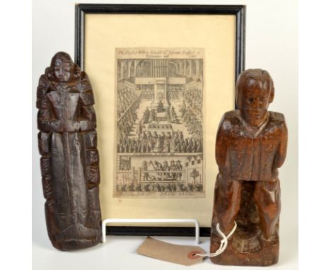 Two carved wood figures, possibly 17th century, each 21cm, together with a 17th century print showing the trial and execution