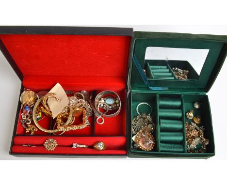 Costume jewellery in two boxes, together with a silver napkin ring. 