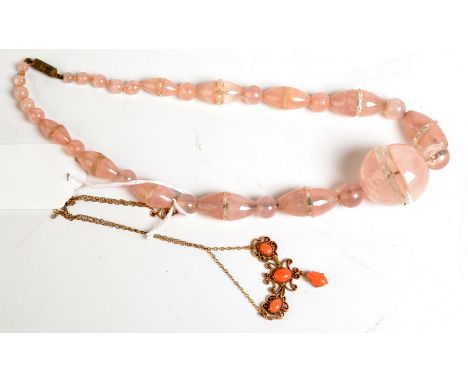 A rose quartz and crystal necklace, together with a 9ct. gold and red coral necklace. 