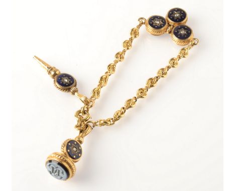 A gold seal, possibly Russian, set to each side of the stem with a rose diamond in a blue enamel disc, together with a matchi