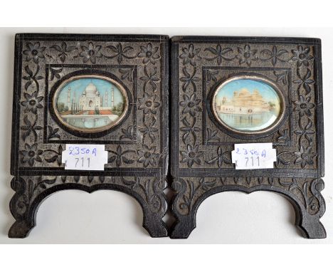 A pair of Indian, architectural miniatures in carved, ebony, easel frames. 2.5 x 3.8cm.