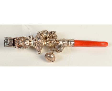 An early 19th century silver rattle with coral branch teether, the whistle embossed with flowers, and with five pendulum bell