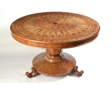 A remarkable Victorian table parquetry veneered, with specimen woods with pedestal similarly veneered on a circular print, wi