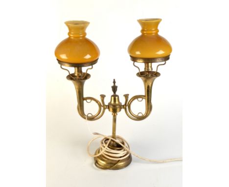 A brass electric table lamp with twin "Bugle" branches and a cloisonne vase.