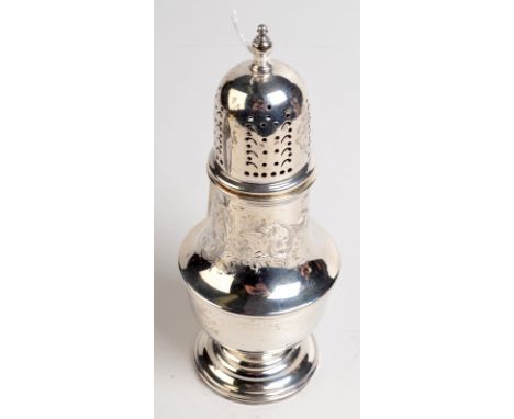 A Birks Sterling silver baluster sugar caster with floral engraving, 128gms, height 17.7cm.