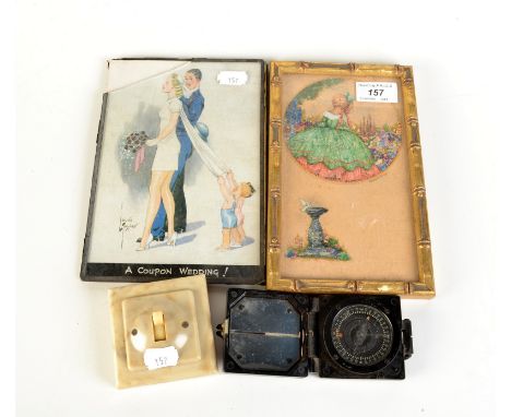 A brown bakelite "Marching Mark I" sighting compass and three other pieces.