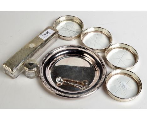 A rectangular toilet box with an engine turned lid, similar bottle etc.