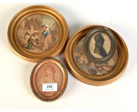 A pair of small mezzo tints of children playing, a gilt heightened silhouette, and an oval portrait miniature print.