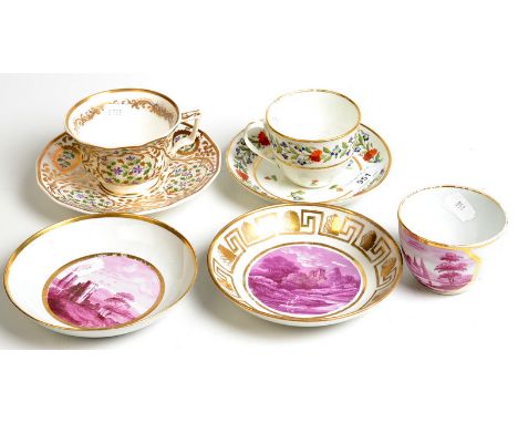 Three 19th century cups and saucers comprising a Copeland and Garrett together with painted vignettes of rural scenes in puce