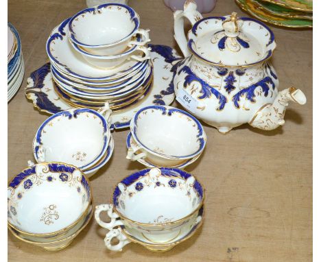 Rockingham and Rockingham style blue and gilt Victorian teaware. Condition Report: One cup cracked.
Chip to rim of four sauce
