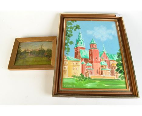 A Russian painting of a church signed K Bielec and dated '99 together with a small Edwardian oil painting if a tennis court.