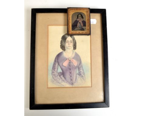 An early to mid 19th century miniature portrait of a young lady together with a photographic portrait.