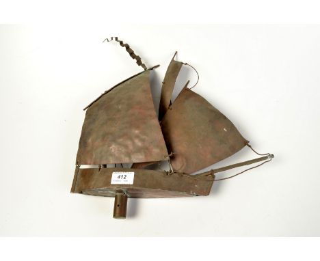 A Mark Penrose copper weather vane made as a fishing boat with three sails, length 38cm, full height 40cm.