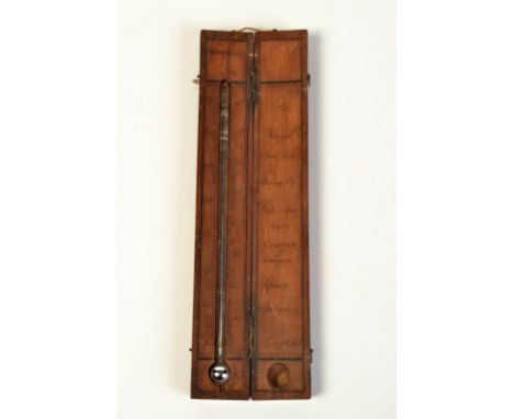 A 19th century Doninelli thermometer in a folding mahogany case with a hand written scale to the inside of the lid, length 20